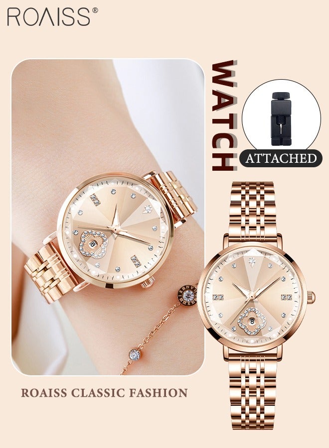 roaiss Women's Stainless Steel Strap Quartz Watch, Analog Display Round Dial with Rhinestones Decoration, Fashionable Waterproof Luminous Wristwatch as Gift for Ladies - Image 1