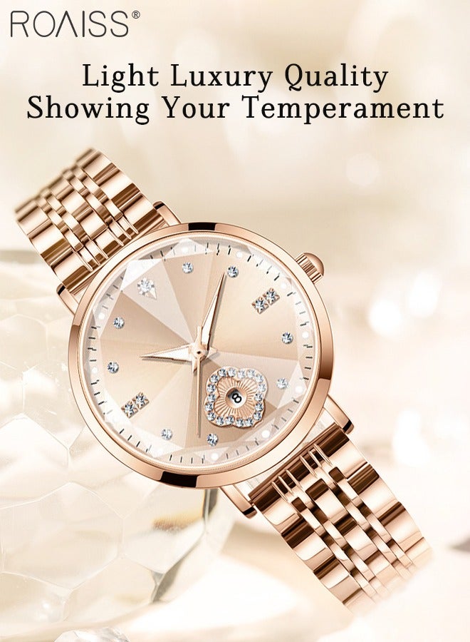 roaiss Women's Stainless Steel Strap Quartz Watch, Analog Display Round Dial with Rhinestones Decoration, Fashionable Waterproof Luminous Wristwatch as Gift for Ladies - Image 3