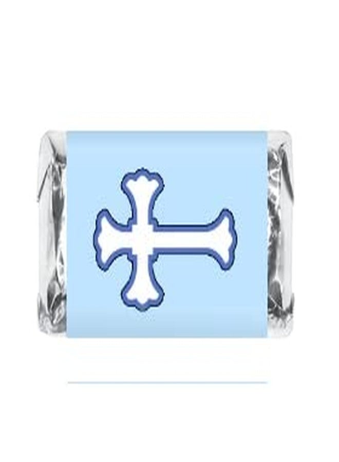RokAPary 60 Blue Baptism Mini Candy Bar Wrapper, Miniatures Candy Bar Stickers Cross for Christening, Communion, Birthday or Baby Shower Decorations Theme, Made in USA, - Image 1
