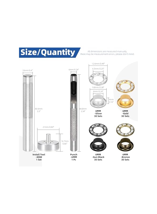 Glarks 122pcs 6mm (1/4in) Grommets with White Diamond Washers Set, 120pcs Golden, Silver, Gun-Black, Bronze Color Metal Grommets Eyelets and 2pcs Installation Tools for Canvas, Leather Repair - Image 2