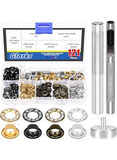 Glarks Glarks 122pcs 6mm (1/4in) Grommets with White Diamond Washers Set, 120pcs Golden, Silver, Gun-Black, Bronze Color Metal Grommets Eyelets and 2pcs Installation Tools for Canvas, Leather Repair  - Image 1