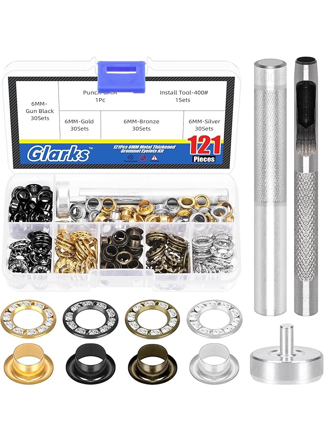 Glarks 122pcs 6mm (1/4in) Grommets with White Diamond Washers Set, 120pcs Golden, Silver, Gun-Black, Bronze Color Metal Grommets Eyelets and 2pcs Installation Tools for Canvas, Leather Repair - Image 1