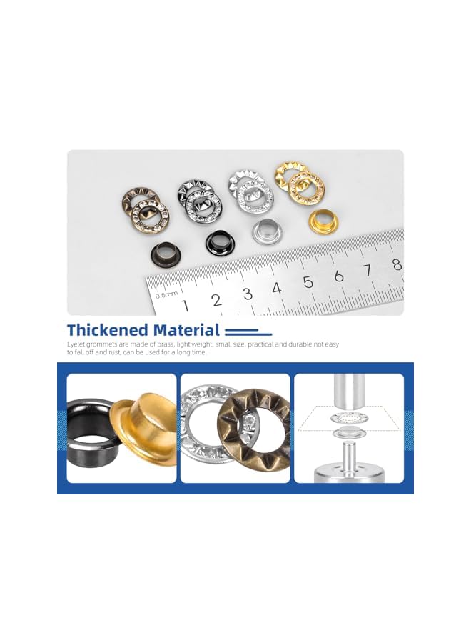 Glarks 122pcs 6mm (1/4in) Grommets with White Diamond Washers Set, 120pcs Golden, Silver, Gun-Black, Bronze Color Metal Grommets Eyelets and 2pcs Installation Tools for Canvas, Leather Repair - Image 4