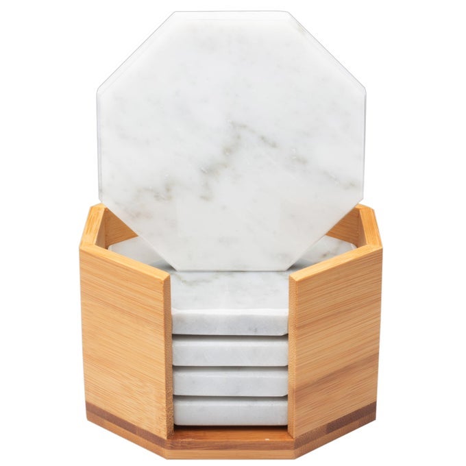 White Carrara Marble Coasters Set of 5 Durable Thick Coasters w Coaster Holder for Easy Storage Protects Any Table Type Fits Any Mug Drinking Glass Barware Great Mothers Day Wedding Gift