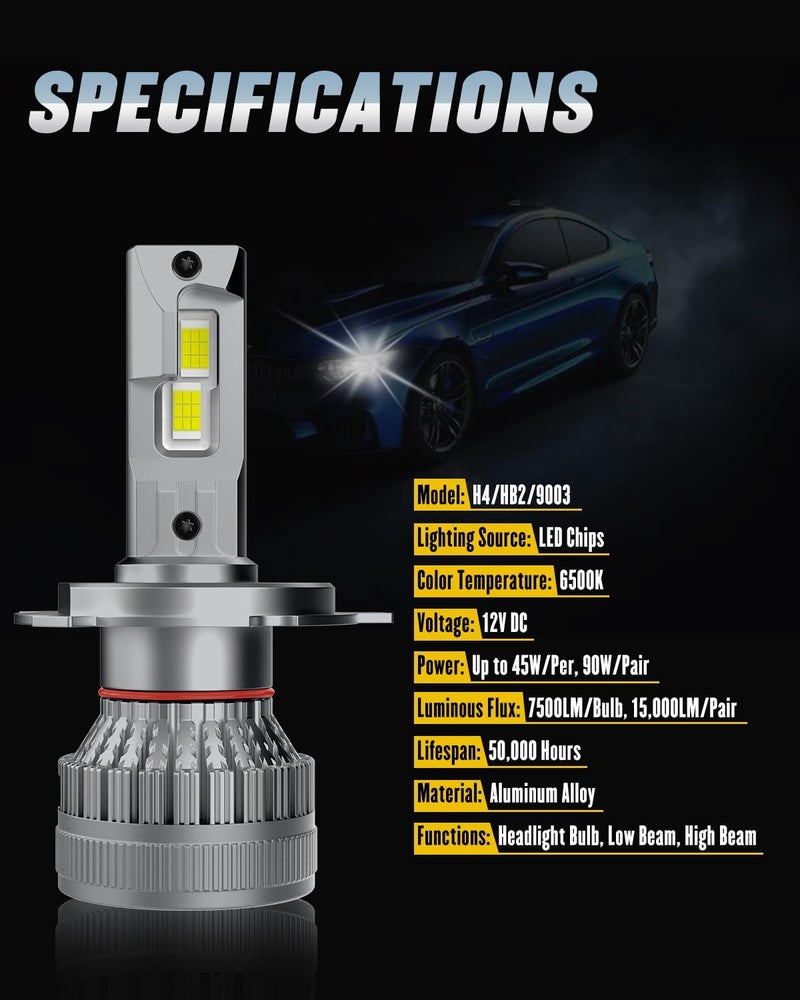 DZG H4 LED Headlight Bulbs 6500K 45W Super Bright 9003 HB2 LED Bulb High Low Beam Halogen Replacement LED Headlights Conversion Kit, Pack of 2 - Image 2