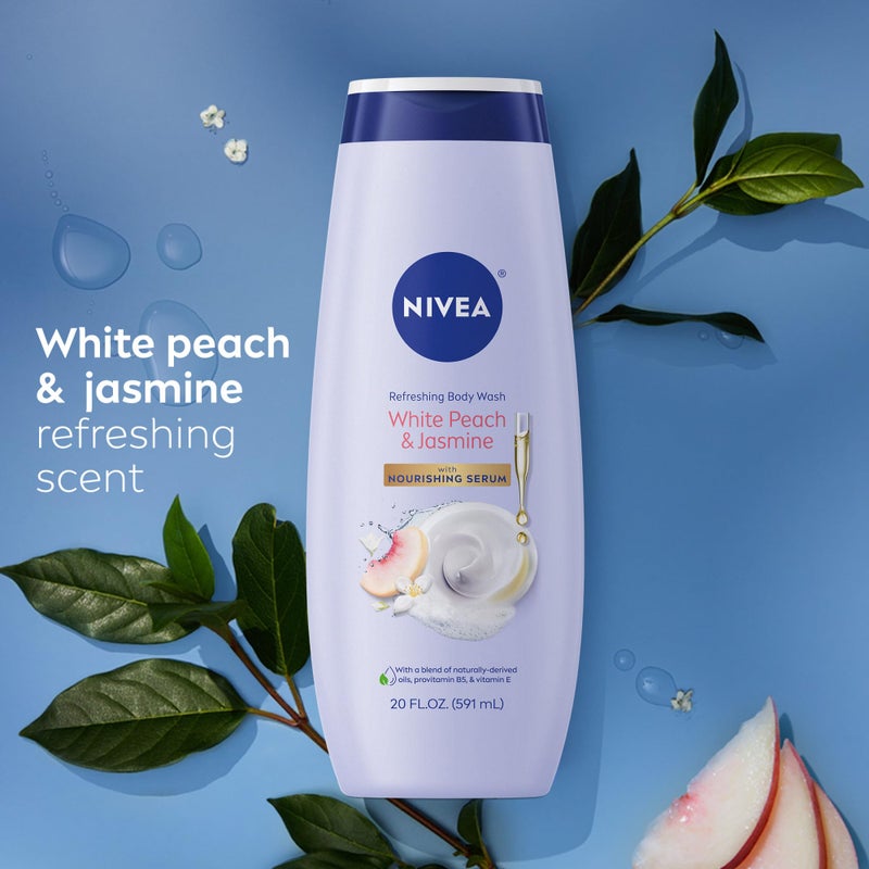 Nivea غسول الجسم من نيفيا بزبدة الشيا المغذية، زجاجة 20 أونصة سائلة + غسول الجسم من نيفيا برائحة الخوخ الأبيض والياسمين المنعشة، زجاجة 20 أونصة سائلة، مجموعة العناية بالبشرة مع بروفيتامين B5 وفيتامين E - Image 3
