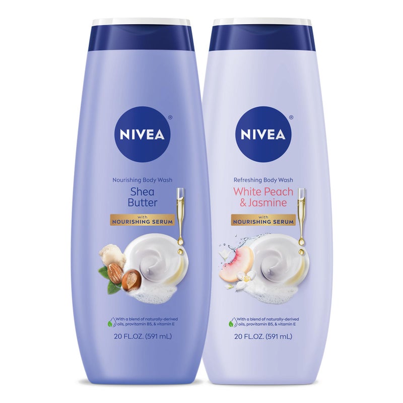 Nivea غسول الجسم من نيفيا بزبدة الشيا المغذية، زجاجة 20 أونصة سائلة + غسول الجسم من نيفيا برائحة الخوخ الأبيض والياسمين المنعشة، زجاجة 20 أونصة سائلة، مجموعة العناية بالبشرة مع بروفيتامين B5 وفيتامين E - Image 1