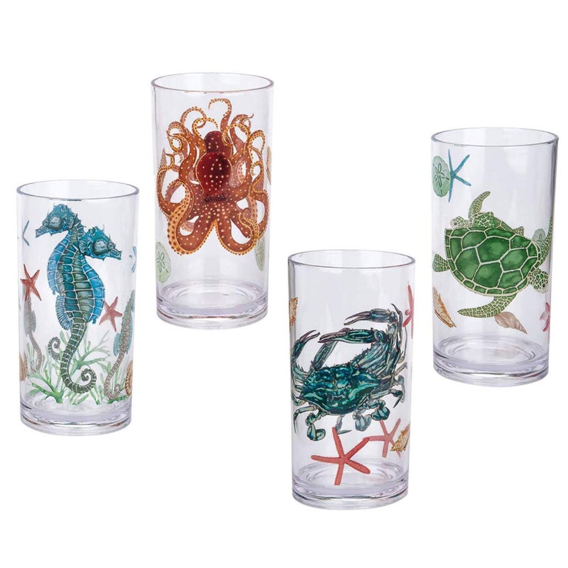KXWARE Sea Ocean Life 20ounce Plastic Tumbler Drinking Glasses Mixed Drinkware Sets set of 4 Multicolor