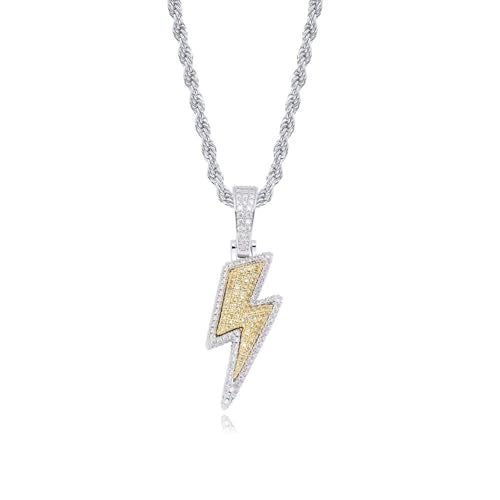 JINAO Hip Hop Lightning Bolt Design Pendant 18k Gold Plated Iced Out Cubic Zirconia Pendant Necklace with Micropave Simulated Diamond for Men Women (Two Colors) - Image 1