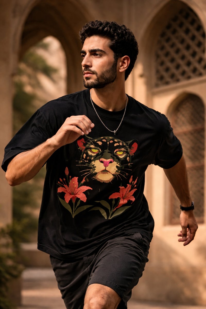 Men's Oversized Black Panther & Floral Graphic T-Shirt Casual Short Sleeve Crew Neck Streetwear Tee - Image 3