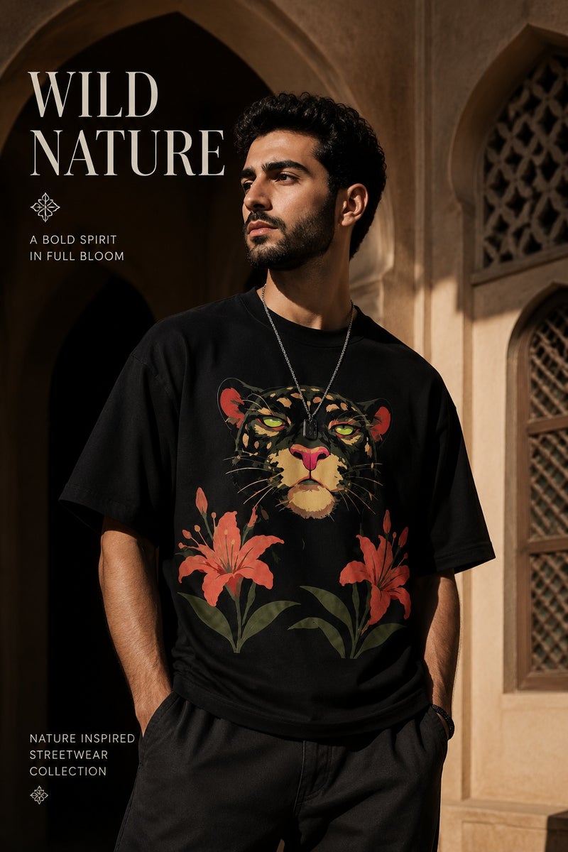 Men's Oversized Black Panther & Floral Graphic T-Shirt Casual Short Sleeve Crew Neck Streetwear Tee - Image 5