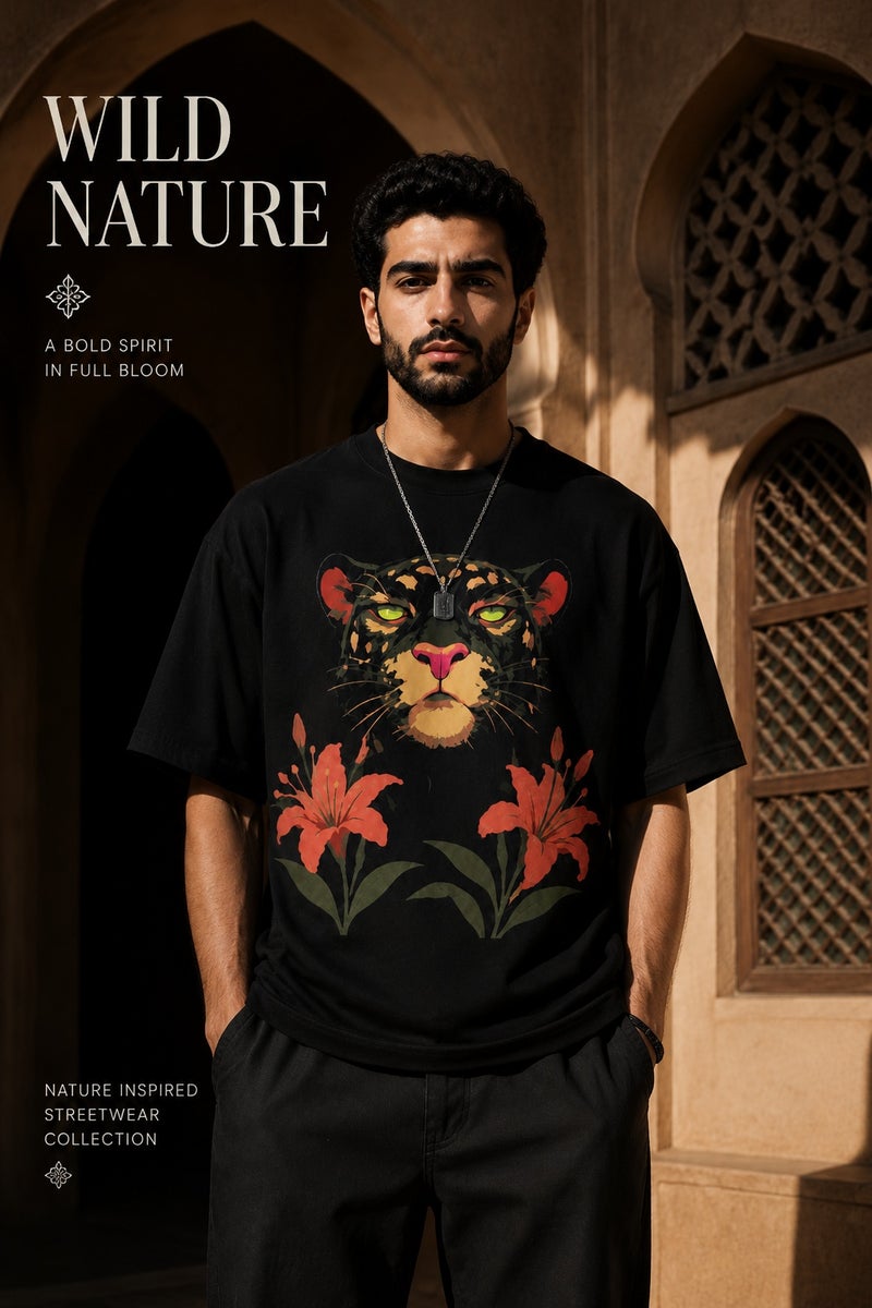 Men's Oversized Black Panther & Floral Graphic T-Shirt Casual Short Sleeve Crew Neck Streetwear Tee - Image 2