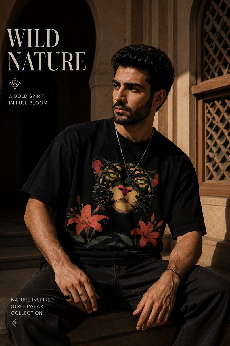 Men's Oversized Black Panther & Floral Graphic T-Shirt Casual Short Sleeve Crew Neck Streetwear Tee - Image 4