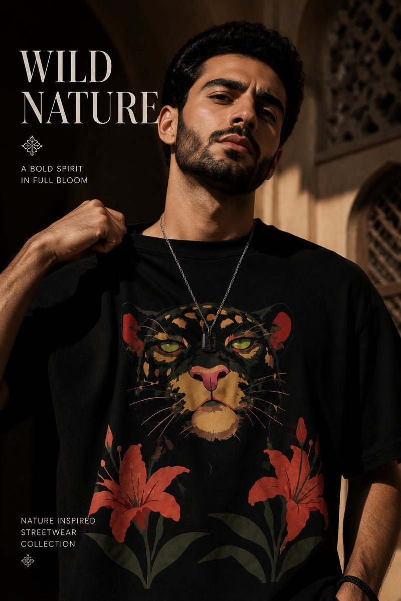 Men's Oversized Black Panther & Floral Graphic T-Shirt Casual Short Sleeve Crew Neck Streetwear Tee - Image 1