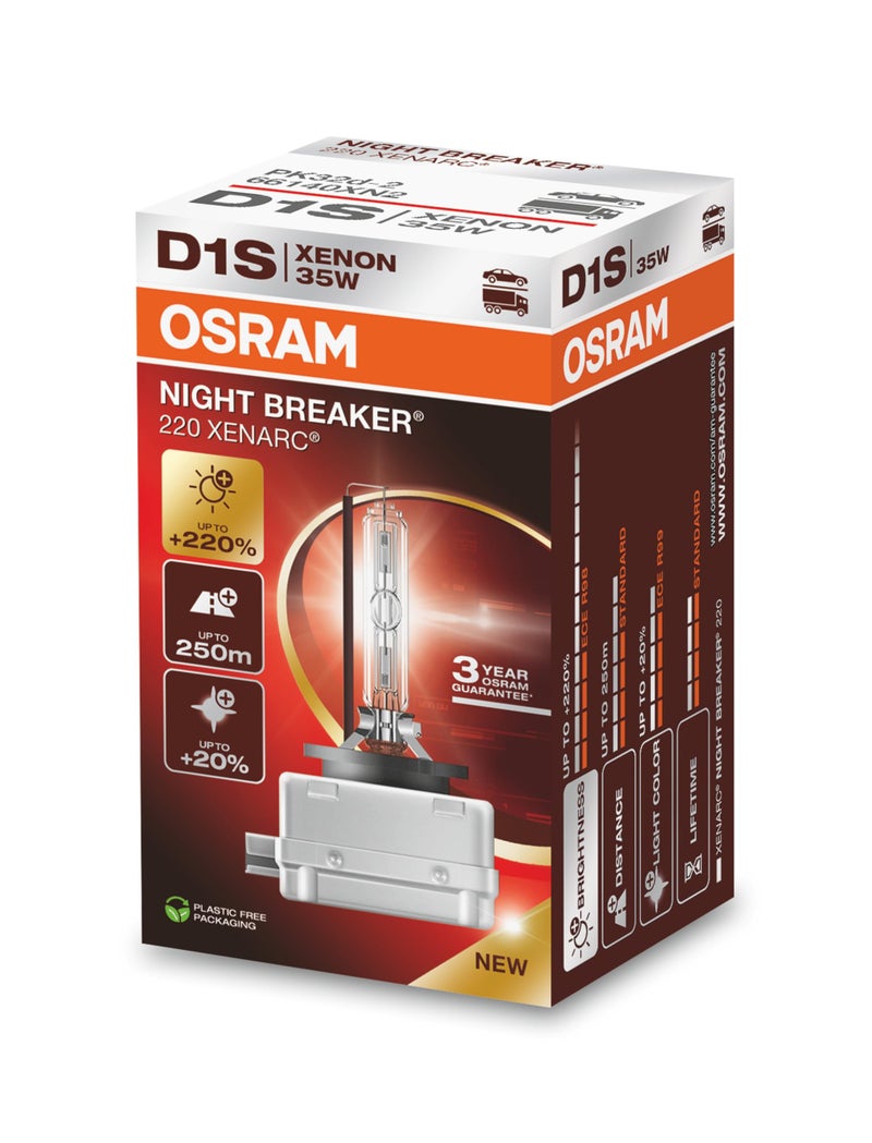 Osram Xenarc Night Breaker 220, D1S, 220% More Brightness, Xenon Headlight Bulb, 66140XN2, Folding Box (1 Lamp) - Image 1