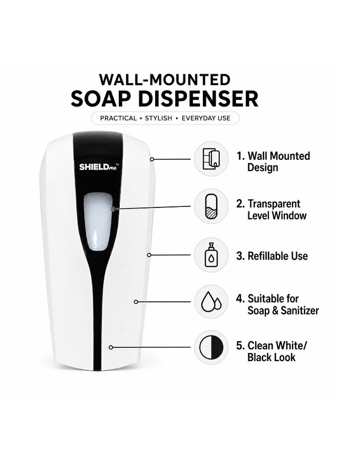 SHIELDme Wall Mounted Soap Dispenser, Liquid Hand Wash & Sanitizer Dispenser for Bathroom Kitchen Office Washroom, White/Black - Image 2