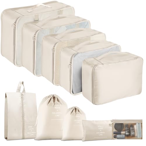 YEEYAA Packing Cubes for Travel 8 Set Luggage Organizer Bags for Family Mesh Breathable Travel Packing Cubes for Suitcases Durable Travel Essentials Bags Set Beige 10 Set - Image 1