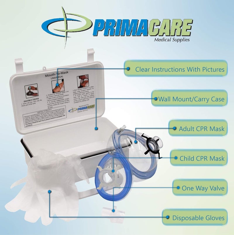 PRIMACARE طقم إنعاش CPR Primacare KC1010 مع قناع إنقاذ للبالغين والأطفال مع صمام أحادي الاتجاه للفم إلى الفم للأكسجين التكميلي مع حافظة حائطية مرفقة - Image 2