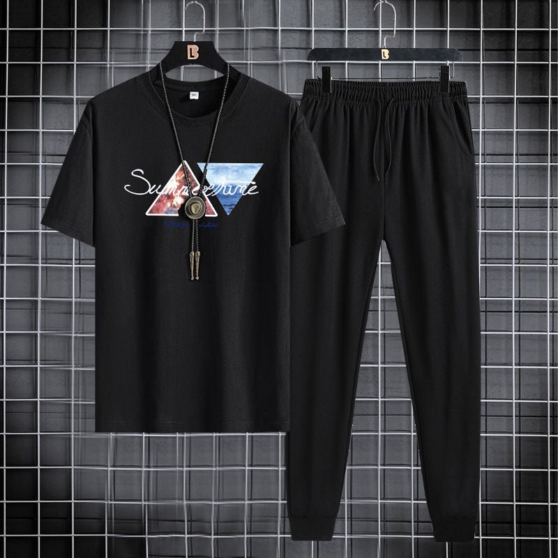 Short-sleeved trousers suit men's 2024 New Youth Men's sports casual round neck trendy printed two-piece suit - Image 3