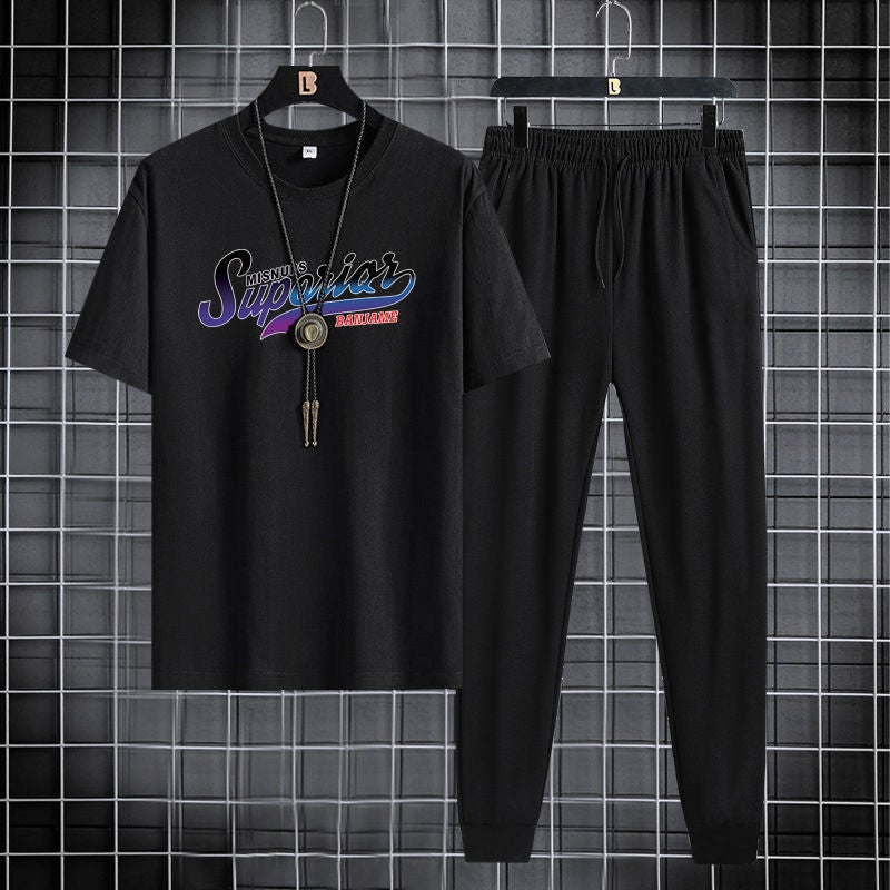 Short-sleeved trousers suit men's 2024 New Youth Men's sports casual round neck trendy printed two-piece suit - Image 4