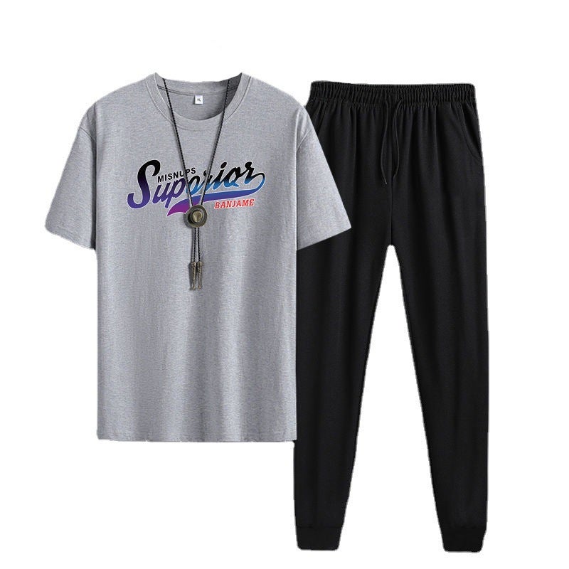 Short-sleeved trousers suit men's 2024 New Youth Men's sports casual round neck trendy printed two-piece suit - Image 5