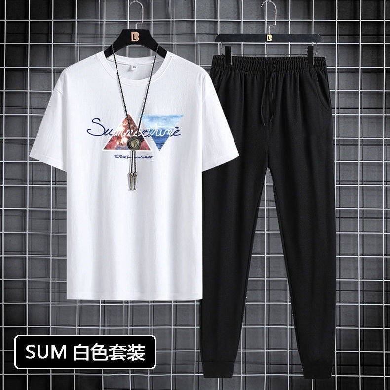 Short-sleeved trousers suit men's 2024 New Youth Men's sports casual round neck trendy printed two-piece suit - Image 1