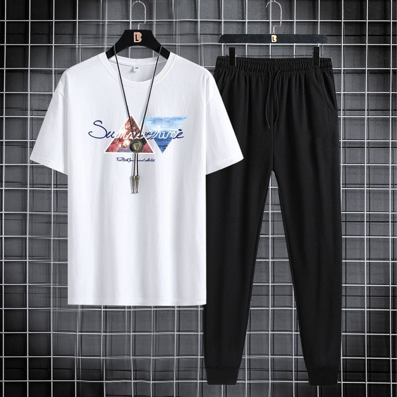 Short-sleeved trousers suit men's 2024 New Youth Men's sports casual round neck trendy printed two-piece suit - Image 2