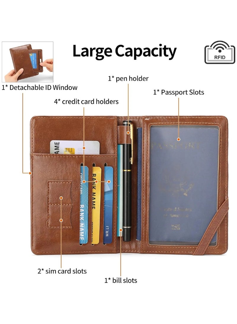 زيلو حامل جواز سفر بتقنية RFID، محفظة سفر مزودة بفتحات للبطاقات وحامل أقلام (بني) - Image 3