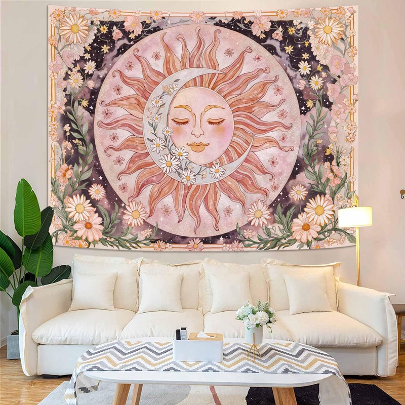 Neasow Sun Moon Daisy Tapestry, Boho Aesthetic Floral Wall Art, Pink Hippie Decor for Living Room Bedroom Home, 36x48 inches - Image 3