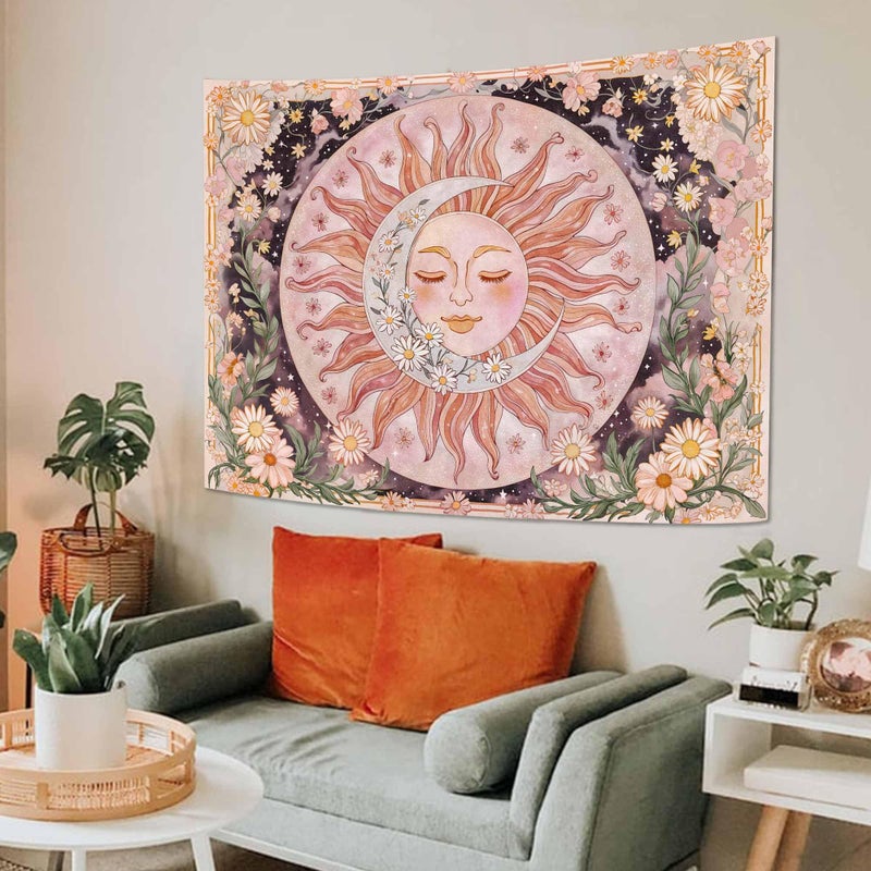 Neasow Sun Moon Daisy Tapestry, Boho Aesthetic Floral Wall Art, Pink Hippie Decor for Living Room Bedroom Home, 36x48 inches - Image 4