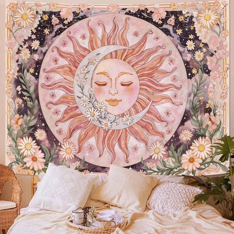 Neasow Sun Moon Daisy Tapestry, Boho Aesthetic Floral Wall Art, Pink Hippie Decor for Living Room Bedroom Home, 36x48 inches - Image 1