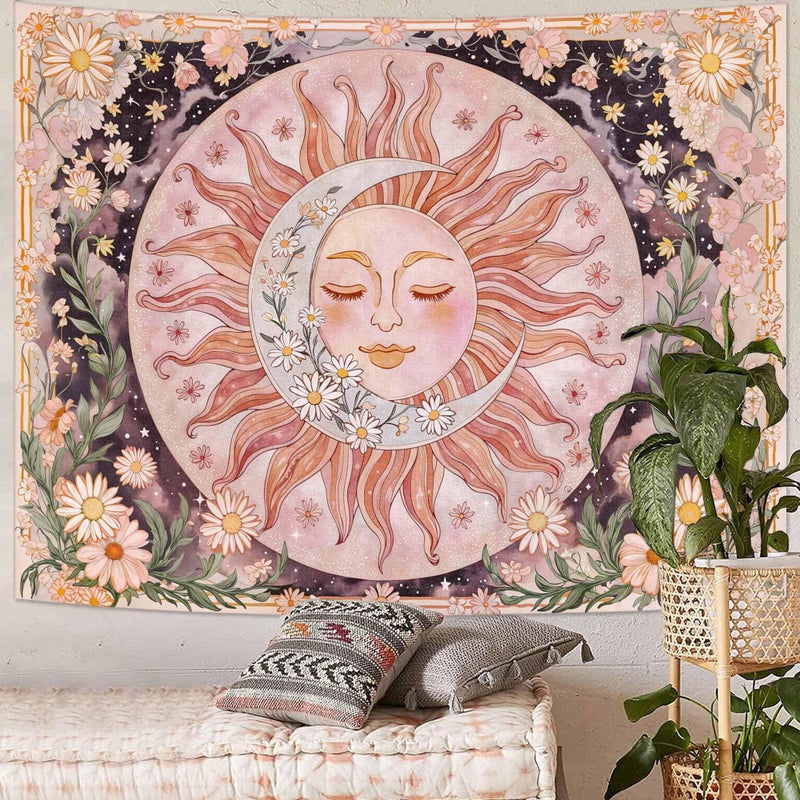 Neasow Sun Moon Daisy Tapestry, Boho Aesthetic Floral Wall Art, Pink Hippie Decor for Living Room Bedroom Home, 36x48 inches - Image 2