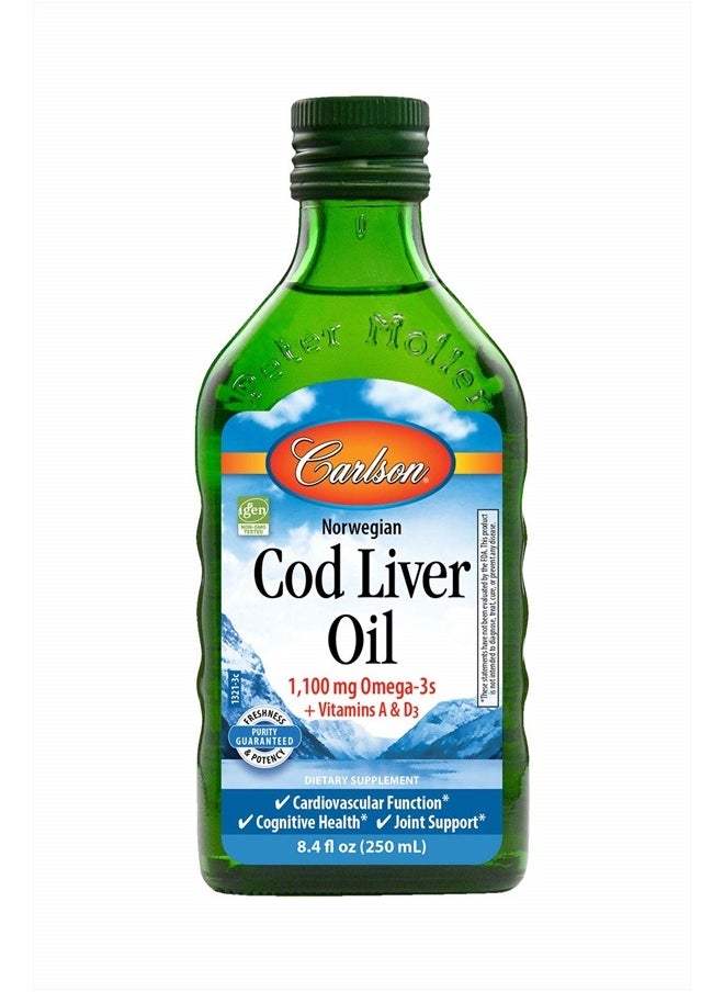 Carlson - Cod Liver Oil, 1100 mg Omega-3s, Plus Vitamins A and D3, Wild Caught Norwegian Arctic Cod Liver Oil, Sustainably Sourced Nordic Fish Oil Liquid, Unflavored, 250 mL (8.4 Fl Oz) - Image 1