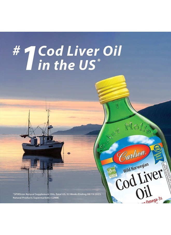 Carlson - Cod Liver Oil, 1100 mg Omega-3s, Plus Vitamins A and D3, Wild Caught Norwegian Arctic Cod Liver Oil, Sustainably Sourced Nordic Fish Oil Liquid, Unflavored, 250 mL (8.4 Fl Oz) - Image 1