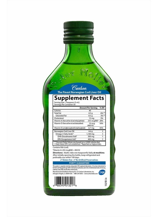 Carlson - Cod Liver Oil, 1100 mg Omega-3s, Plus Vitamins A and D3, Wild Caught Norwegian Arctic Cod Liver Oil, Sustainably Sourced Nordic Fish Oil Liquid, Unflavored, 250 mL (8.4 Fl Oz) - Image 1