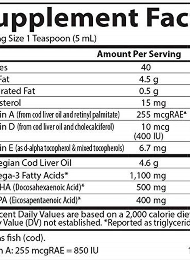 Carlson - Cod Liver Oil, 1100 mg Omega-3s, Plus Vitamins A and D3, Wild Caught Norwegian Arctic Cod Liver Oil, Sustainably Sourced Nordic Fish Oil Liquid, Unflavored, 250 mL (8.4 Fl Oz) - Image 1