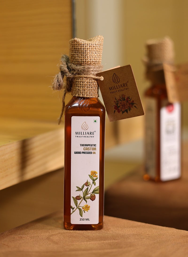Milliare Therapeutic Organic Castor Wood Pressed Oil - 100% Pure and Natural | Premium Grade Oils for Body, Skin,Hair & massage | Natural Essential Oil | 250 ml | Made in India - Non Preservative Oil - Image 1