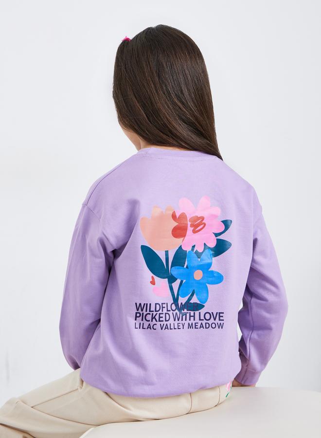 Styli Girls Purple Floral Print Cotton Sweatshirt - Image 1