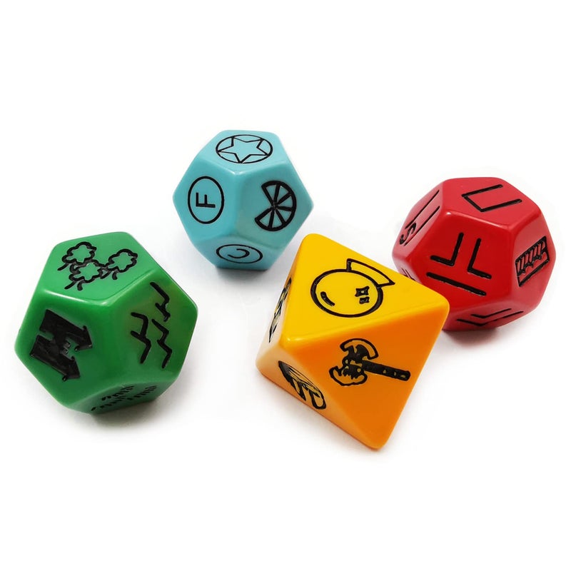 Bescons Dungeon and Wilderness Terrain Dungeon Feature and Treasure Type Dice Set 4 Piece Proprietary Polyhedral RPG Dice Set Red Green Yellow with Black Print - Image 4