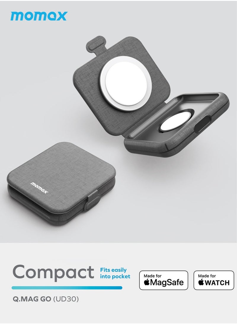Momax - Q.Mag Go 20W 2 in 1 Folding Wireless Charger Compatible with MagSafe Dual Fast Charging for All iPhone Series, AirPods 3/Pro/Pro 2 and Apple Watch Series - Grey - Image 1