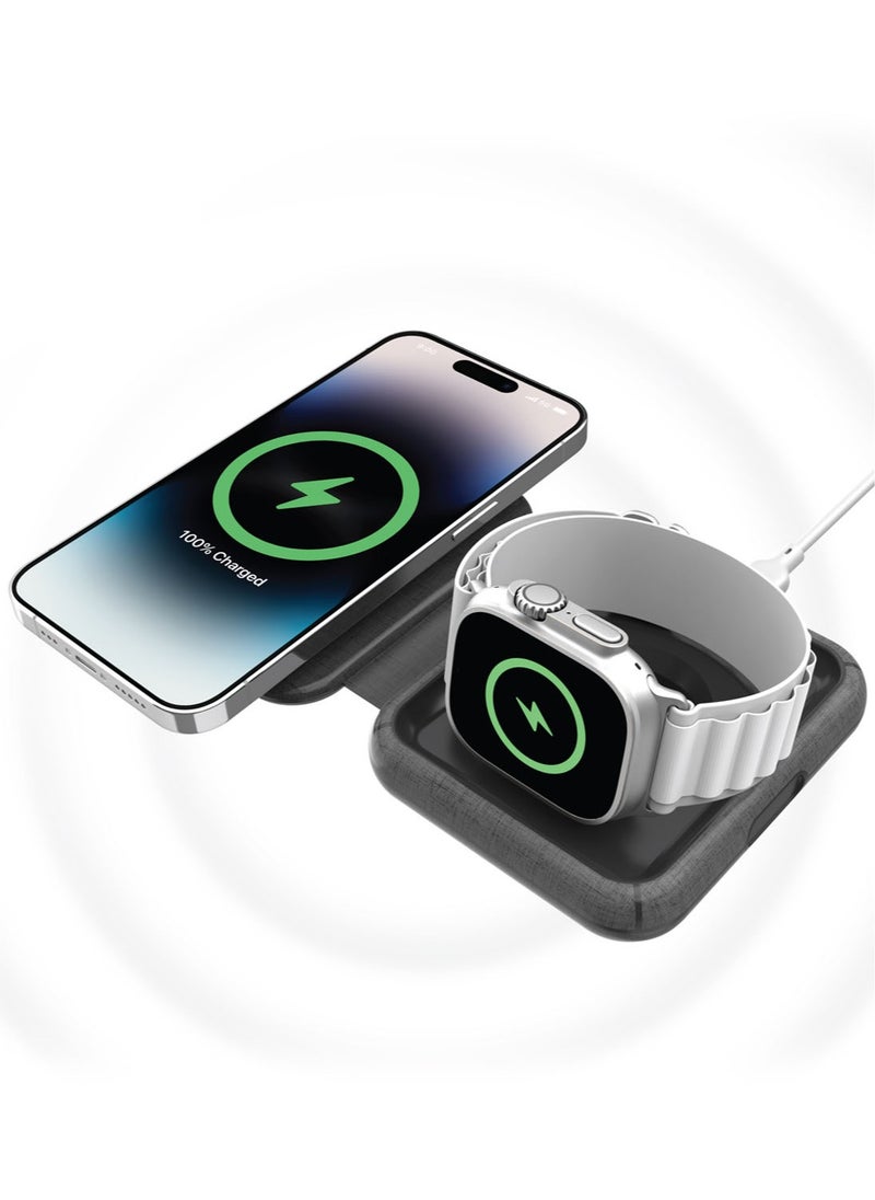 Momax - Q.Mag Go 20W 2 in 1 Folding Wireless Charger Compatible with MagSafe Dual Fast Charging for All iPhone Series, AirPods 3/Pro/Pro 2 and Apple Watch Series - Grey - Image 1