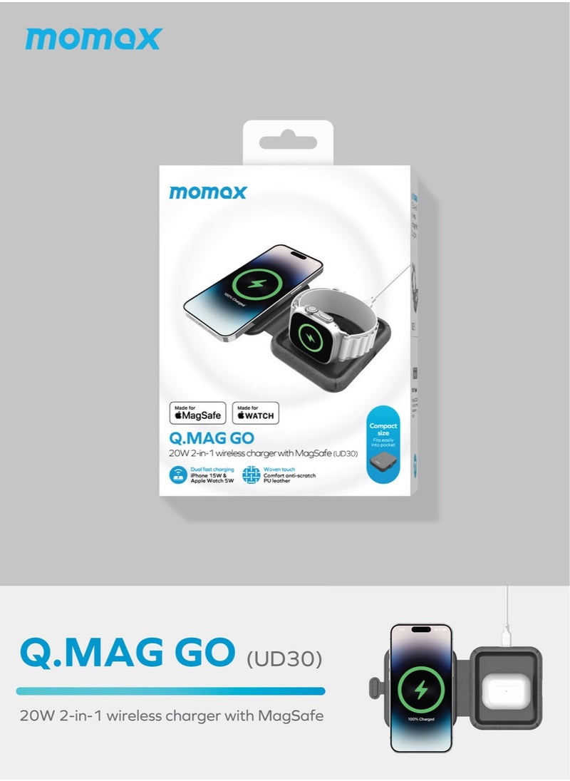 Momax - Q.Mag Go 20W 2 in 1 Folding Wireless Charger Compatible with MagSafe Dual Fast Charging for All iPhone Series, AirPods 3/Pro/Pro 2 and Apple Watch Series - Grey - Image 1