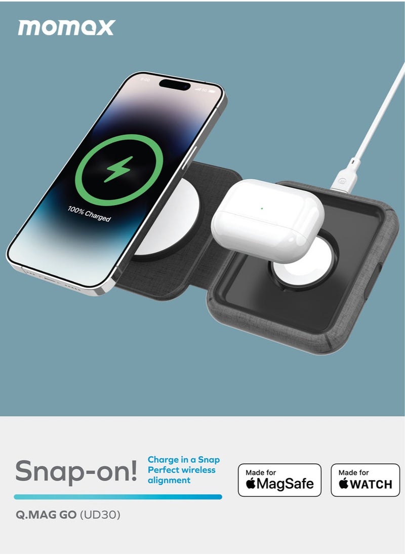 Momax - Q.Mag Go 20W 2 in 1 Folding Wireless Charger Compatible with MagSafe Dual Fast Charging for All iPhone Series, AirPods 3/Pro/Pro 2 and Apple Watch Series - Grey - Image 1