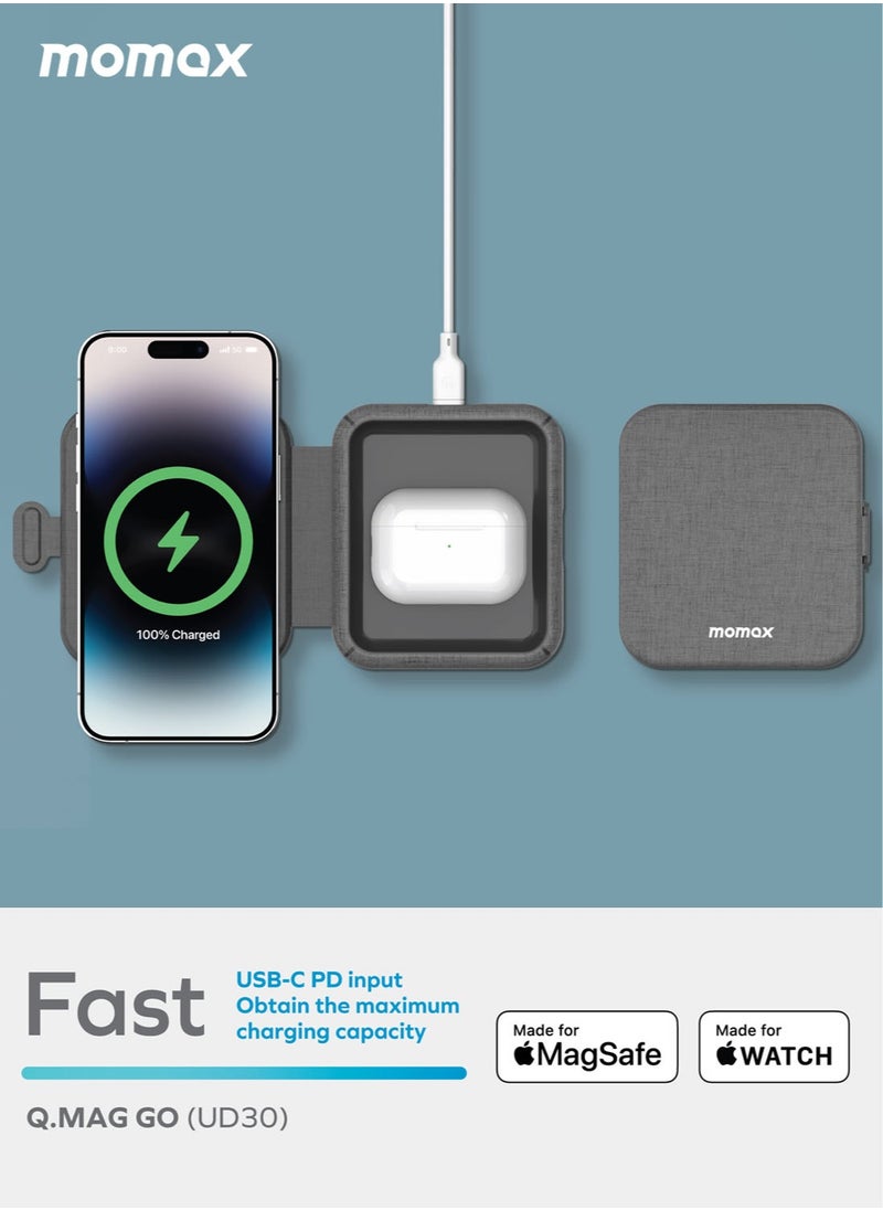 Momax - Q.Mag Go 20W 2 in 1 Folding Wireless Charger Compatible with MagSafe Dual Fast Charging for All iPhone Series, AirPods 3/Pro/Pro 2 and Apple Watch Series - Grey - Image 1