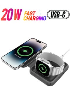 Q.Mag Go 20W 2 in 1 Folding Wireless Charger Compatible with MagSafe Dual Fast Charging for All iPhone Series, AirPods 3/Pro/Pro 2 and Apple Watch Series - Grey