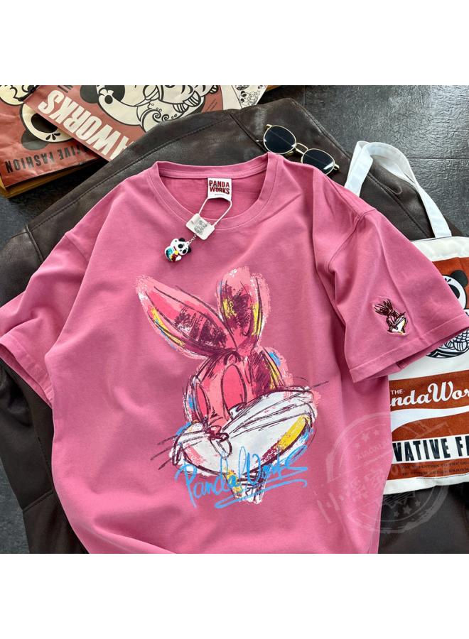 ربيع جديد ستايل كوري رسمة أرنب كرتون كبير قميص قطني نصف كم بسيط برقبة مستديرة تي شيرت نسائي قصير الأكمام