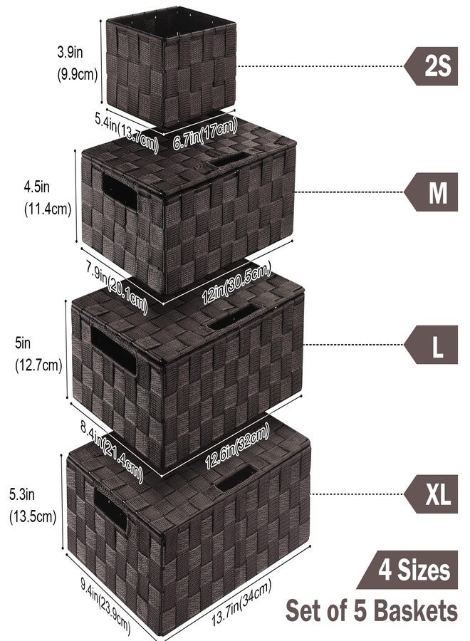 Uvellgift Storage Bins with Lids, Woven Storage Box Organizer Containers Decorative Baskets Cube for Clothes Bedroom Closet Office (5 Pack, Brown) - Image 2