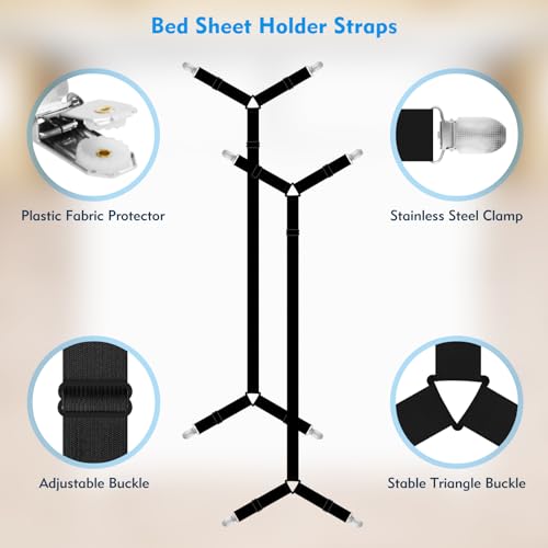 Xunesip Bed Sheet Straps, 2Pcs Elastic Adjustable Bed Sheet Holder Straps, Fitted Sheet Straps to Hold Sheets in Place with Metal Clips, Sheet Holders for Mattress Cover, Sheet, Sofa Cushion (Black) - Image 5