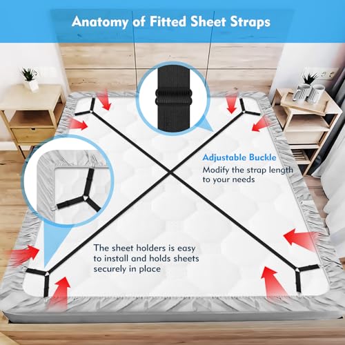 Xunesip Bed Sheet Straps, 2Pcs Elastic Adjustable Bed Sheet Holder Straps, Fitted Sheet Straps to Hold Sheets in Place with Metal Clips, Sheet Holders for Mattress Cover, Sheet, Sofa Cushion (Black) - Image 4