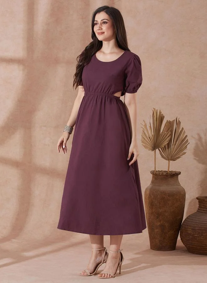 globus Burgundy Puff Sleeves Cut Out Detail Midi Dress